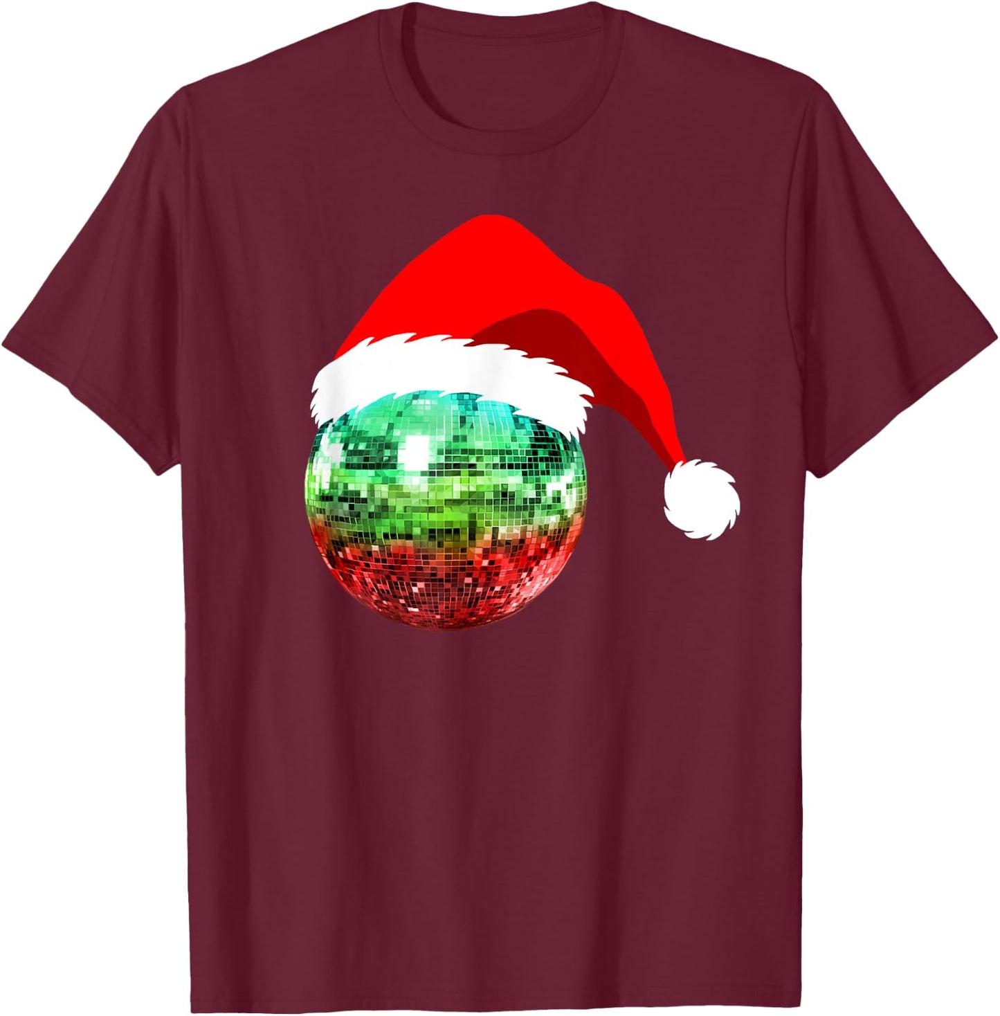 Red and Green Santa Christmas Disco Ball T-Shirt - T-Shirt | Maroon