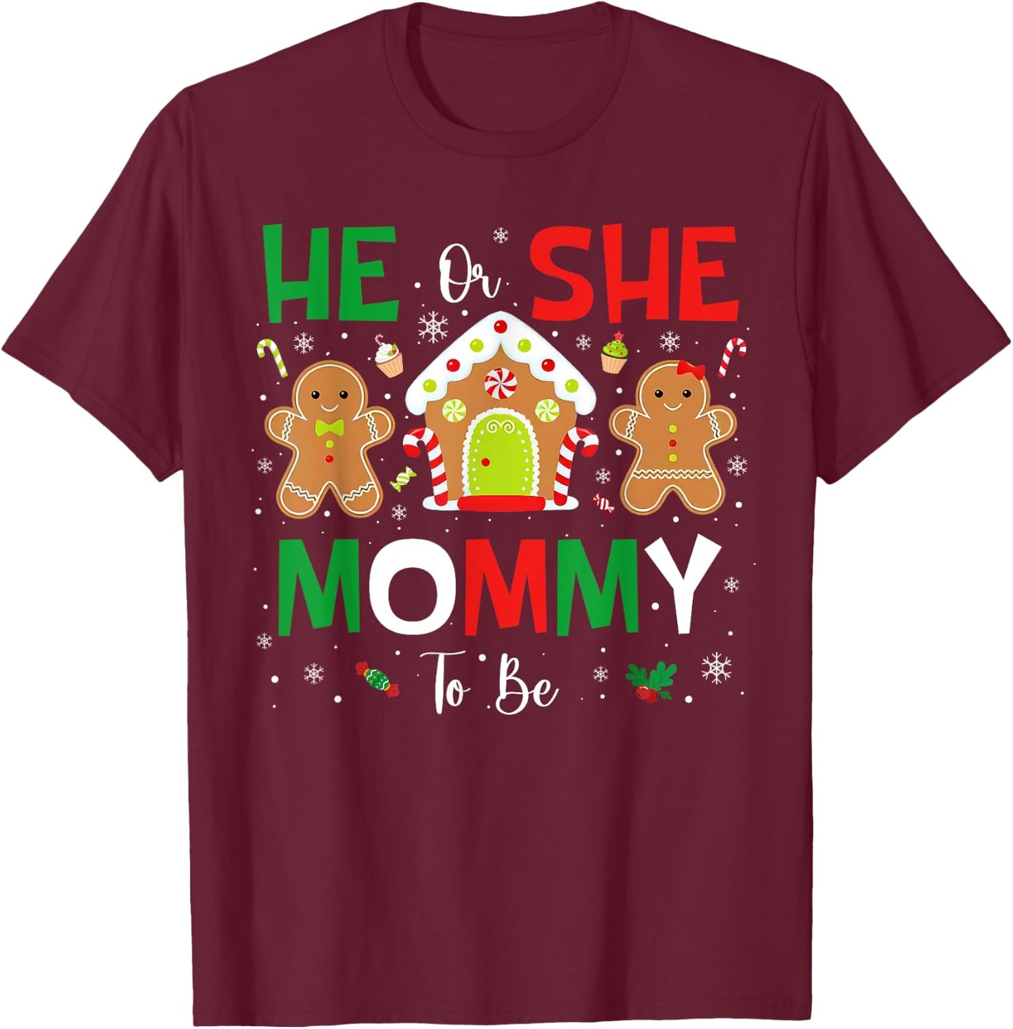 Gingerbread He or She Mommy To Be Christmas Gender Reveal T-Shirt - T-Shirt | Maroon
