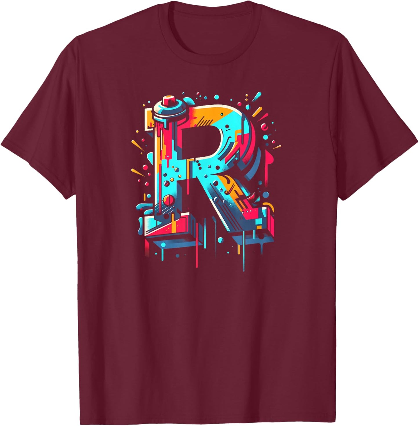 Initial Letter R with Name in Graffiti Style Art T-Shirt - T-Shirt | Maroon