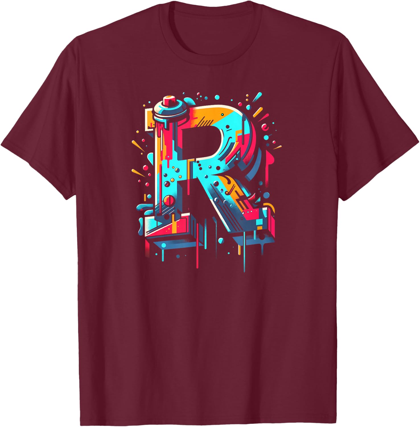 Initial Letter R with Name in Graffiti Style Art T-Shirt - T-Shirt | Maroon