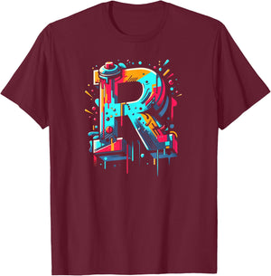 Initial Letter R with Name in Graffiti Style Art T-Shirt - T-Shirt | Maroon