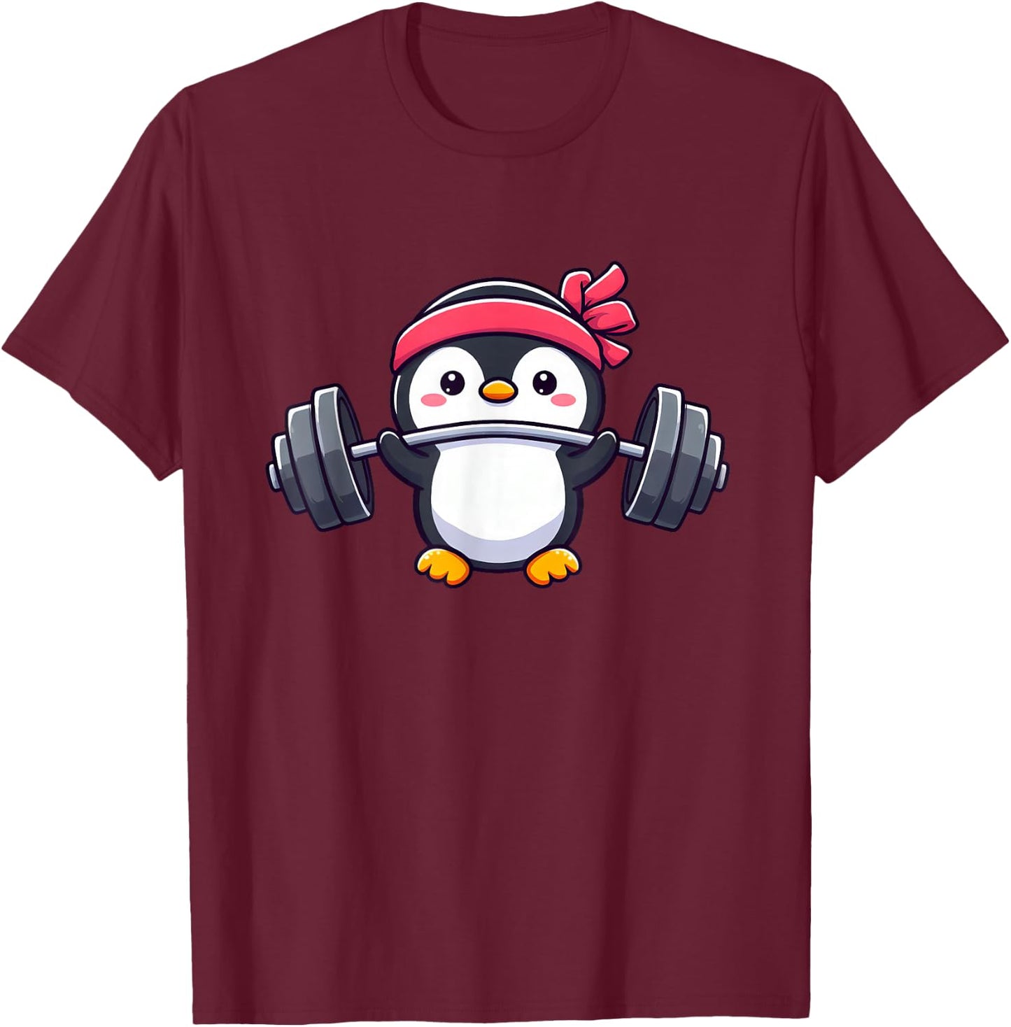 Cute Penguin Dumbbell T-Shirt - T-Shirt | Maroon