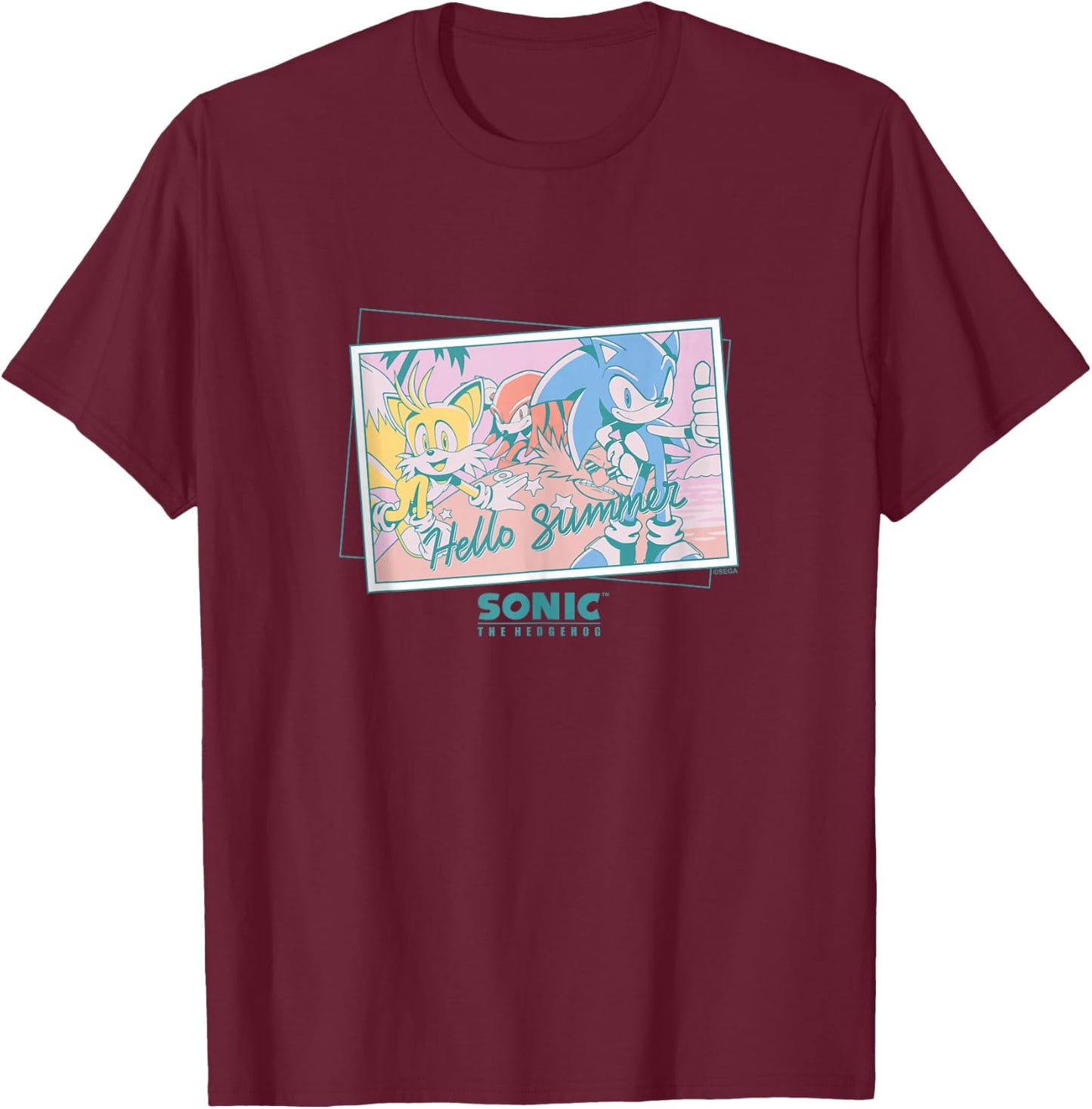 Sonic the Hedgehog - "Hello Summer" Sonic, Tails, Knuckles T-Shirt - T-Shirt | Maroon