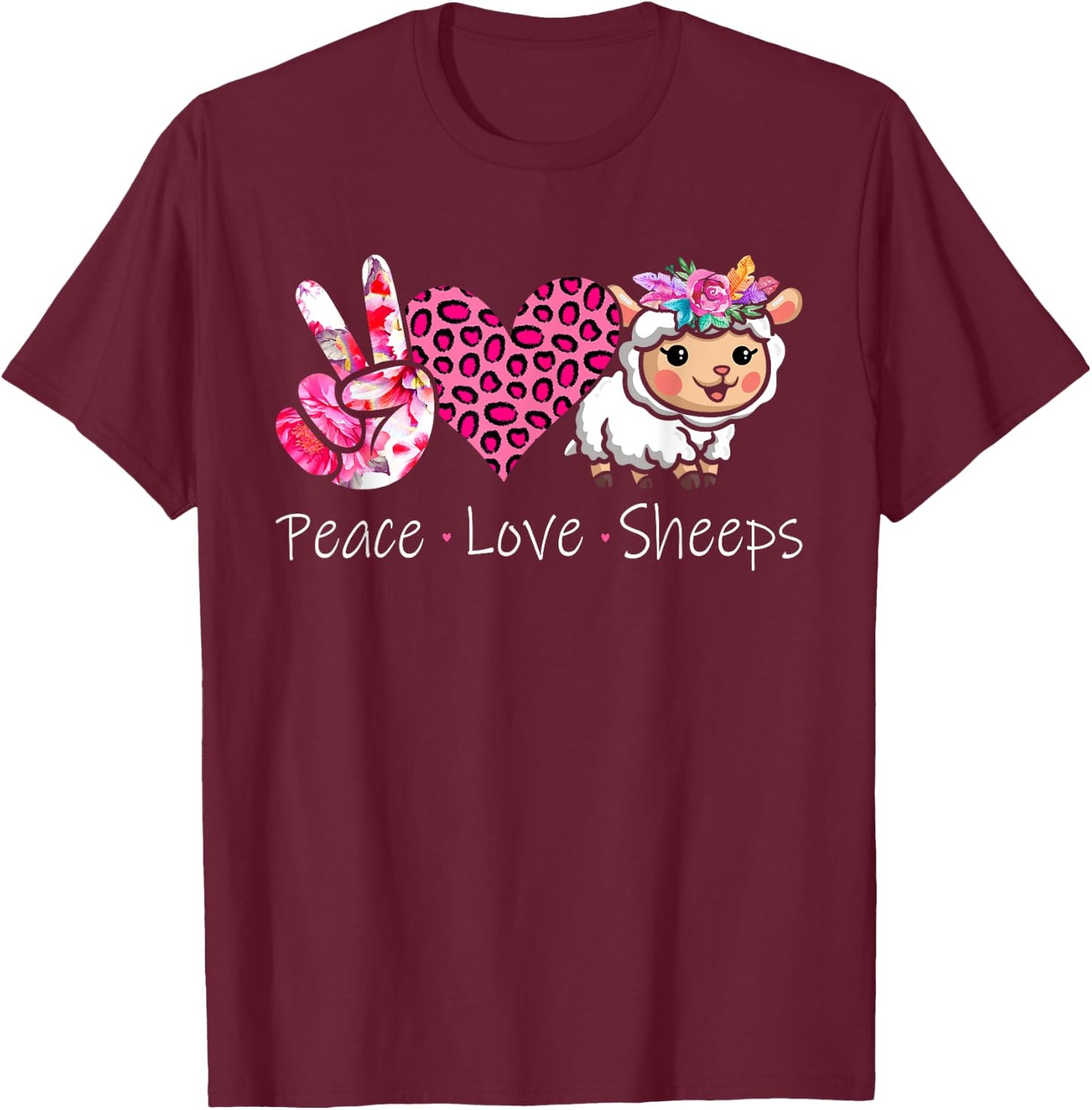 Peace Love Sheeps Peace Hand Sign Heart Floral Sheep Farmer T-Shirt - T-Shirt | Maroon