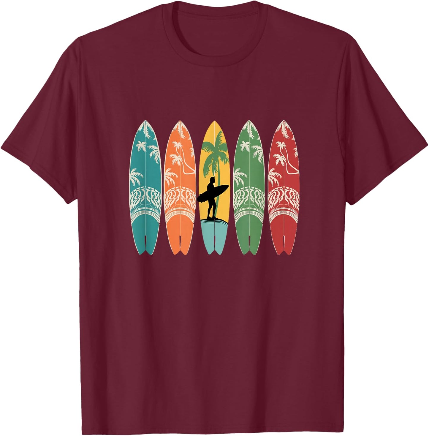 Colourful Surfboard Men Women Kids Surfer Surfboard , black T-Shirt - T-Shirt | Maroon