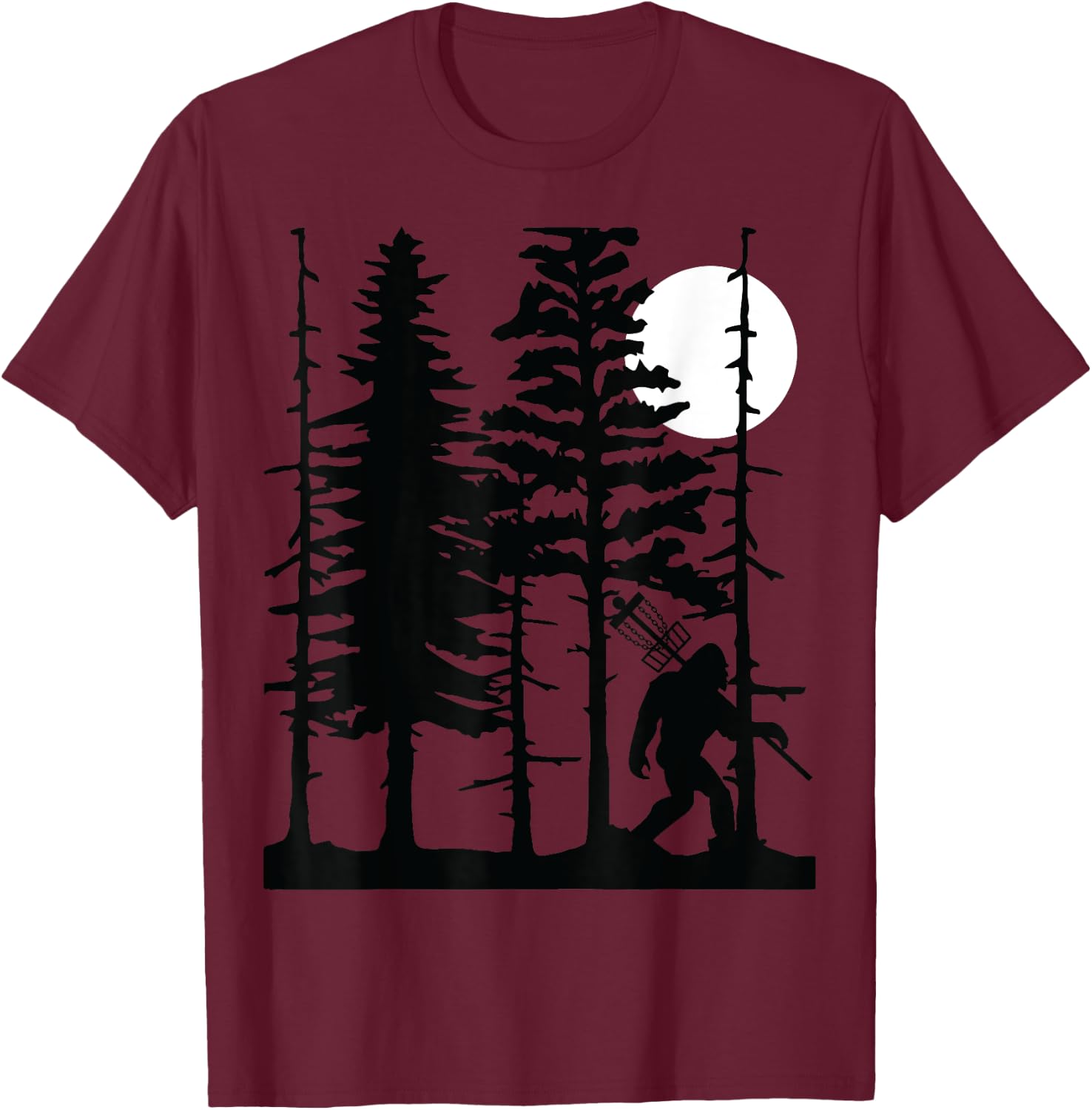 Disc Golf Bigfoot Hiding Wildlife Trees Nature Retro Forest T-Shirt - T-Shirt | Maroon