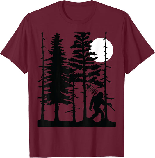 Disc Golf Bigfoot Hiding Wildlife Trees Nature Retro Forest T-Shirt - T-Shirt | Maroon