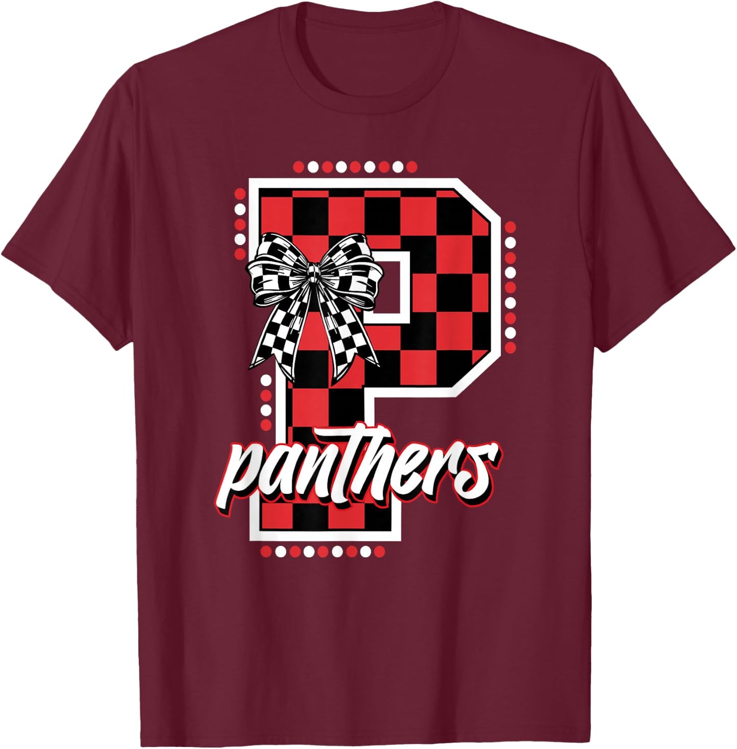 Panthers Checkered Print Letter Coquette Bow School Spirit T-Shirt - T-Shirt | Maroon