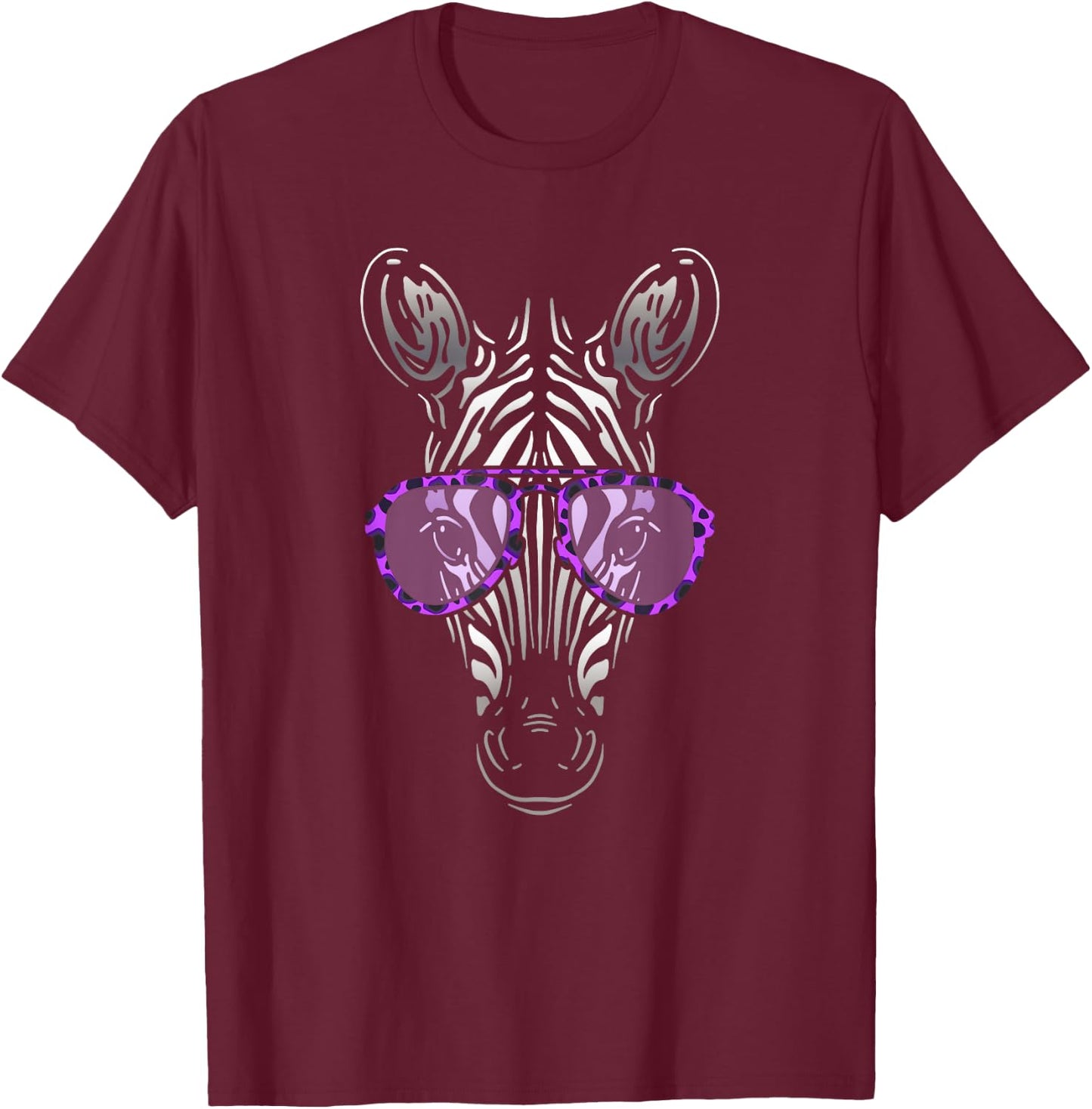 Zebra in Purple Leopard Print Sunglasses Funny Art Graphic T-Shirt - T-Shirt | Maroon