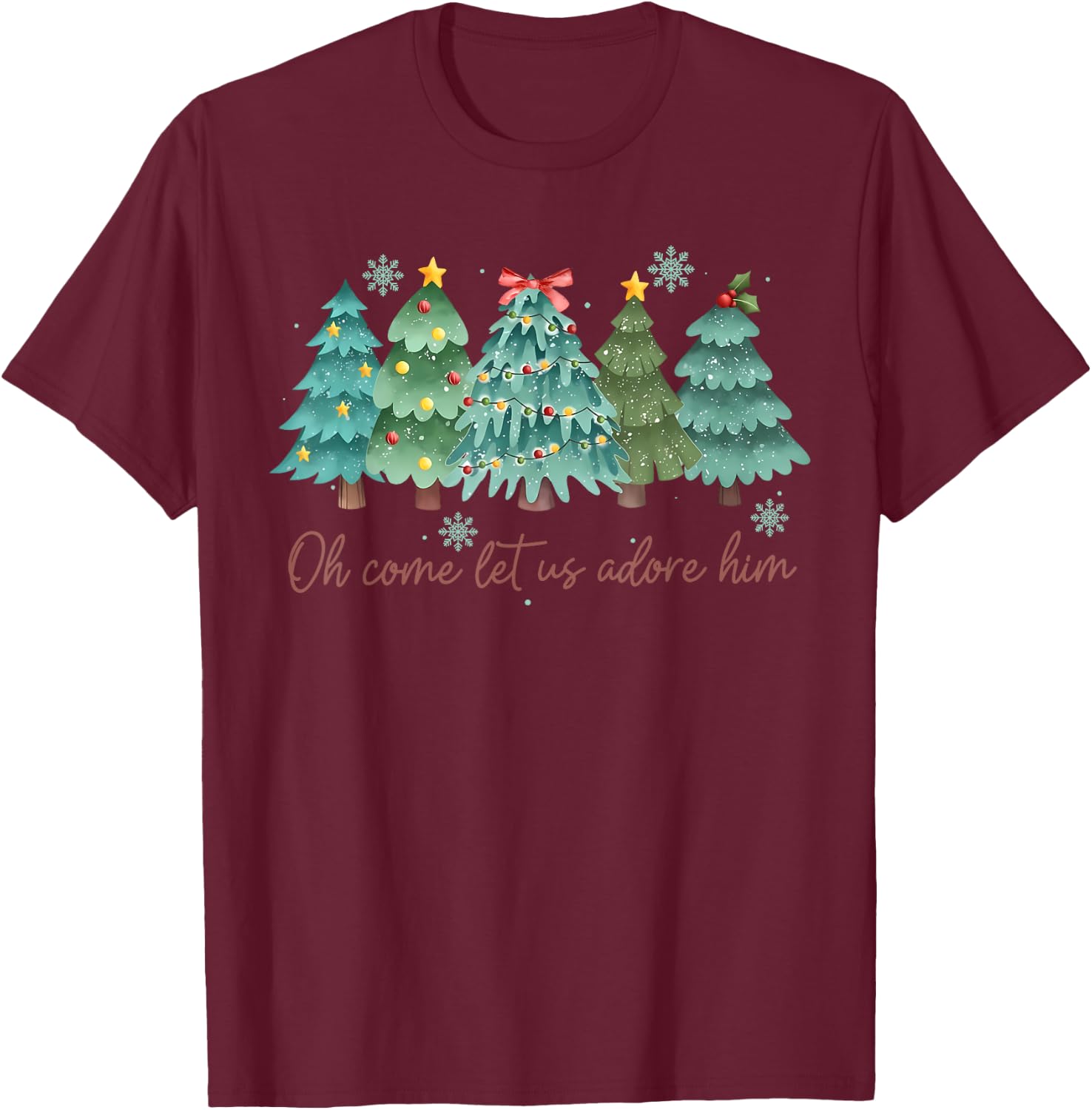 Oh Come Let US Adore Him Funny Christian Christmas Tree Bow T-Shirt - T-Shirt | Maroon