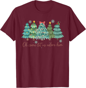 Oh Come Let US Adore Him Funny Christian Christmas Tree Bow T-Shirt - T-Shirt | Maroon