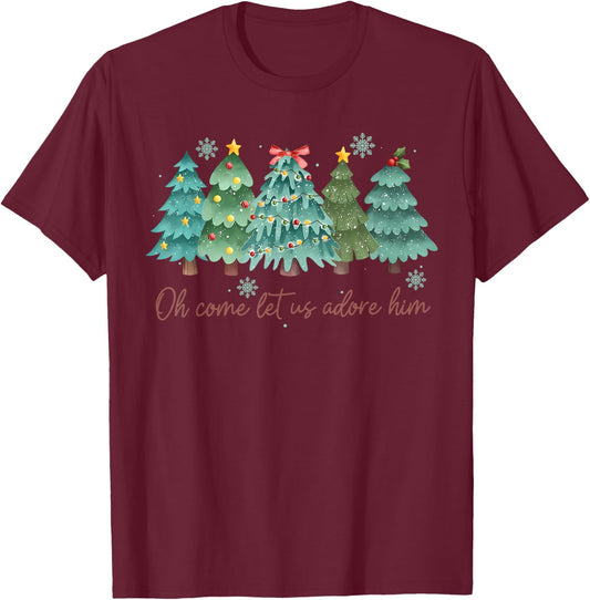 Oh Come Let US Adore Him Funny Christian Christmas Tree Bow T-Shirt - T-Shirt | Maroon