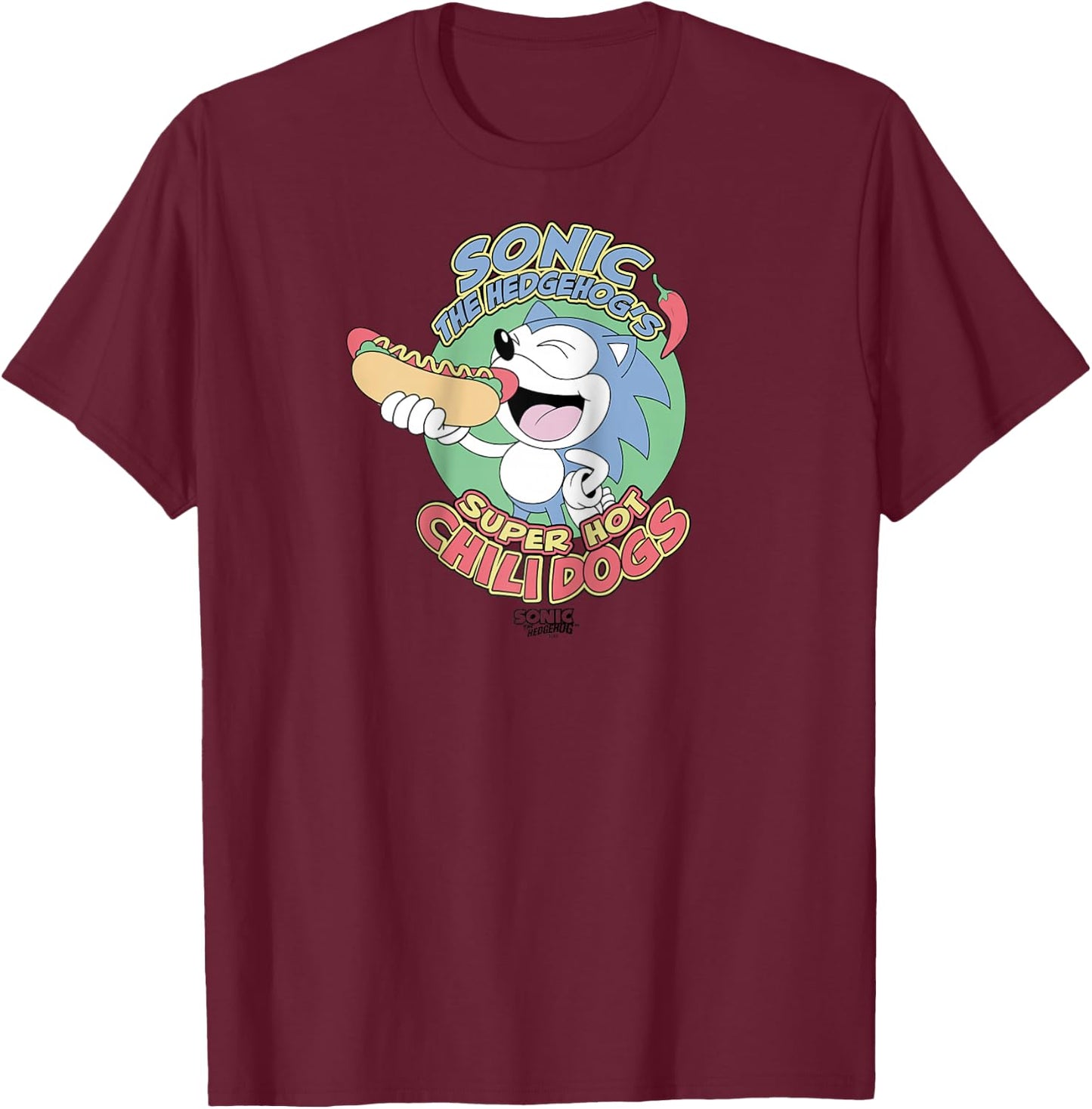 Sonic The Hedgehog Super Hot Chili Dogs Retro Ad Raglan Baseball T-Shirt - T-Shirt | Maroon