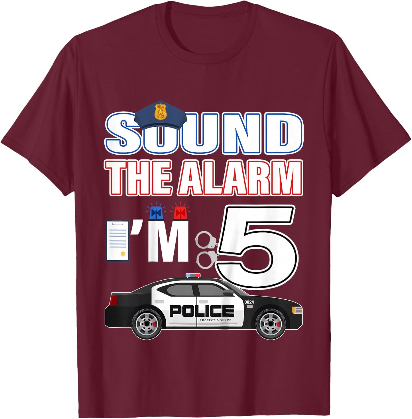 Kids Police Car 5th Birthday Boy 5 year old Cop Policeman Officer T-Shirt - T-Shirt | Maroon