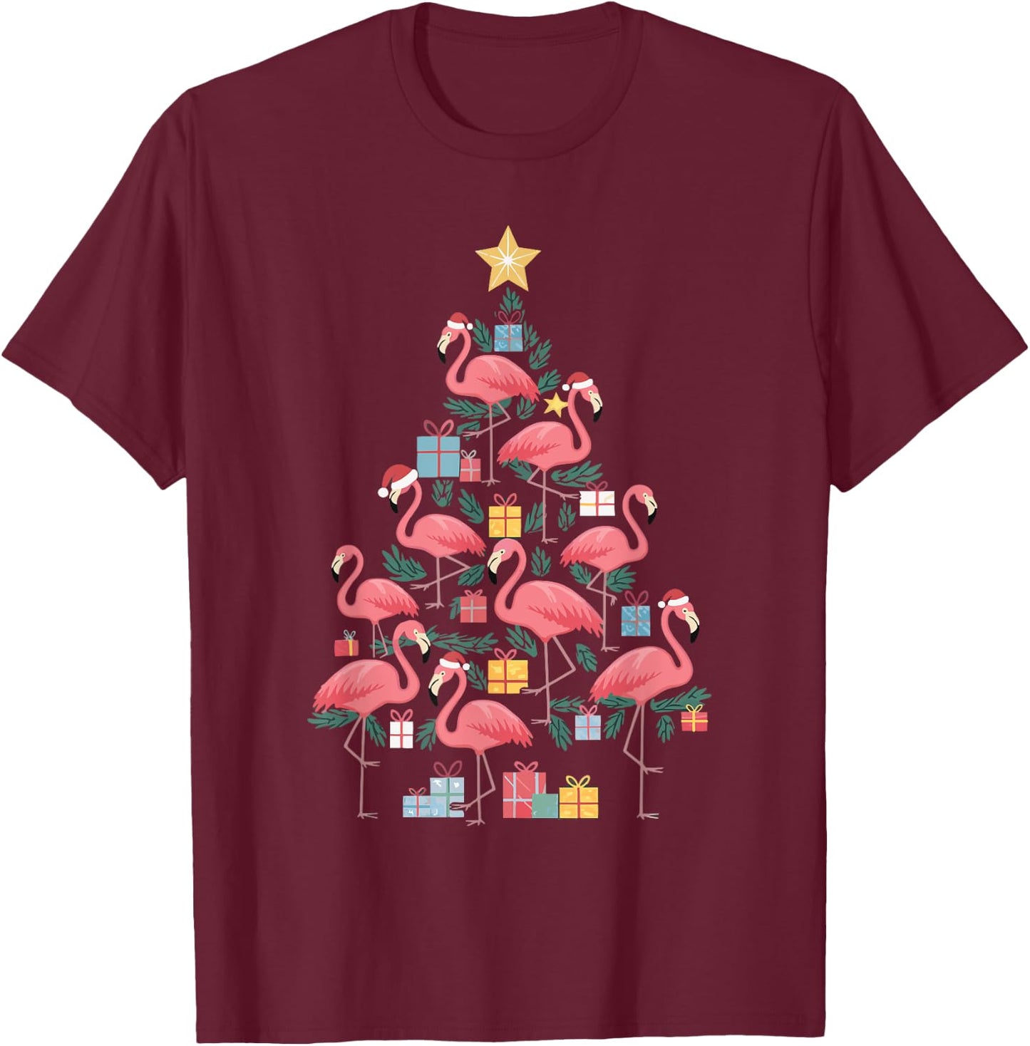 Flamingo Christmas Tree T-Shirt - T-Shirt | Maroon