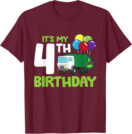 It's My 4th Birthday Garbage Truck 4th Birthday T-Shirt - T-Shirt | Maroon