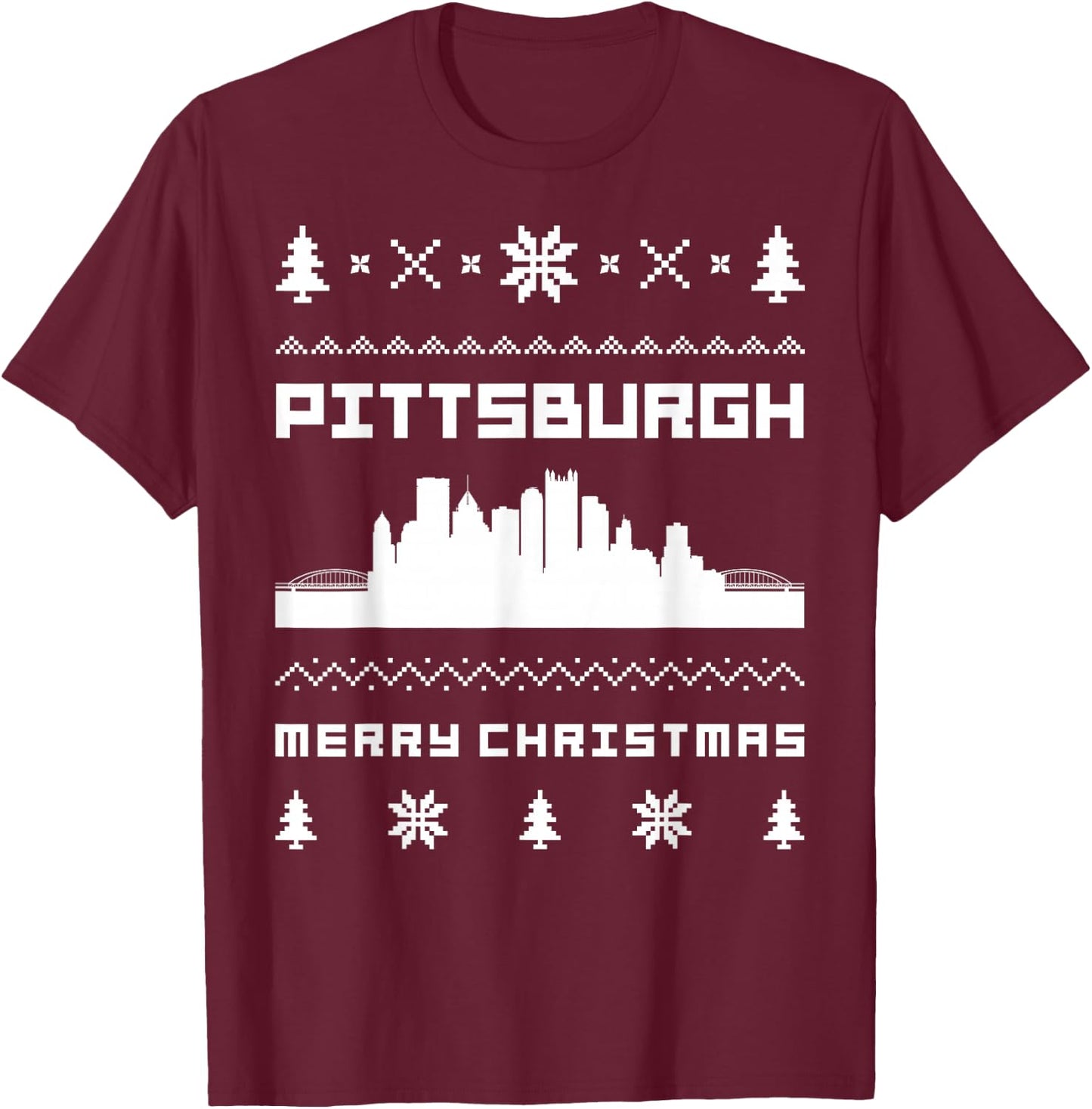 Pittsburgh Ugly Christmas Sweater T-Shirt - T-Shirt | Maroon