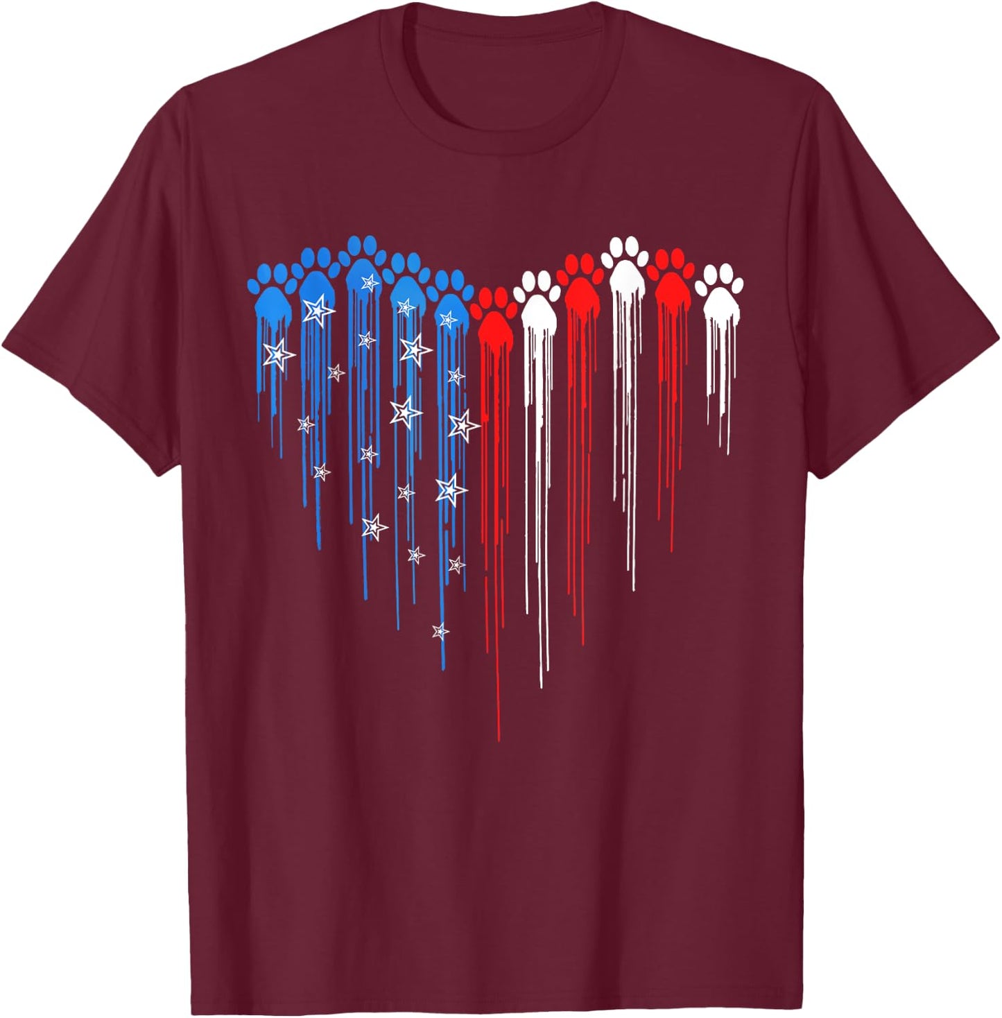 Dripping Heart Dog Paw 4th Of July USA Flag Dog Paw Print Men Women Kids T-Shirt - T-Shirt | Maroon