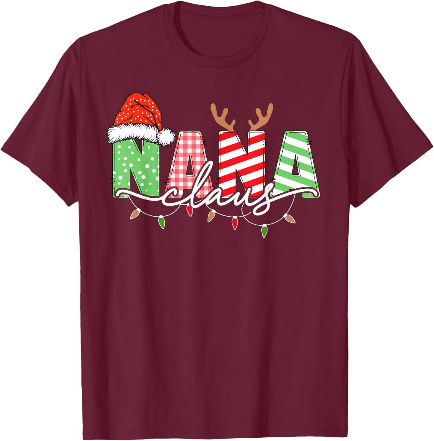 Nana Claus Xmas Christmas Lights Pajama Family Matching T-Shirt - T-Shirt | Maroon