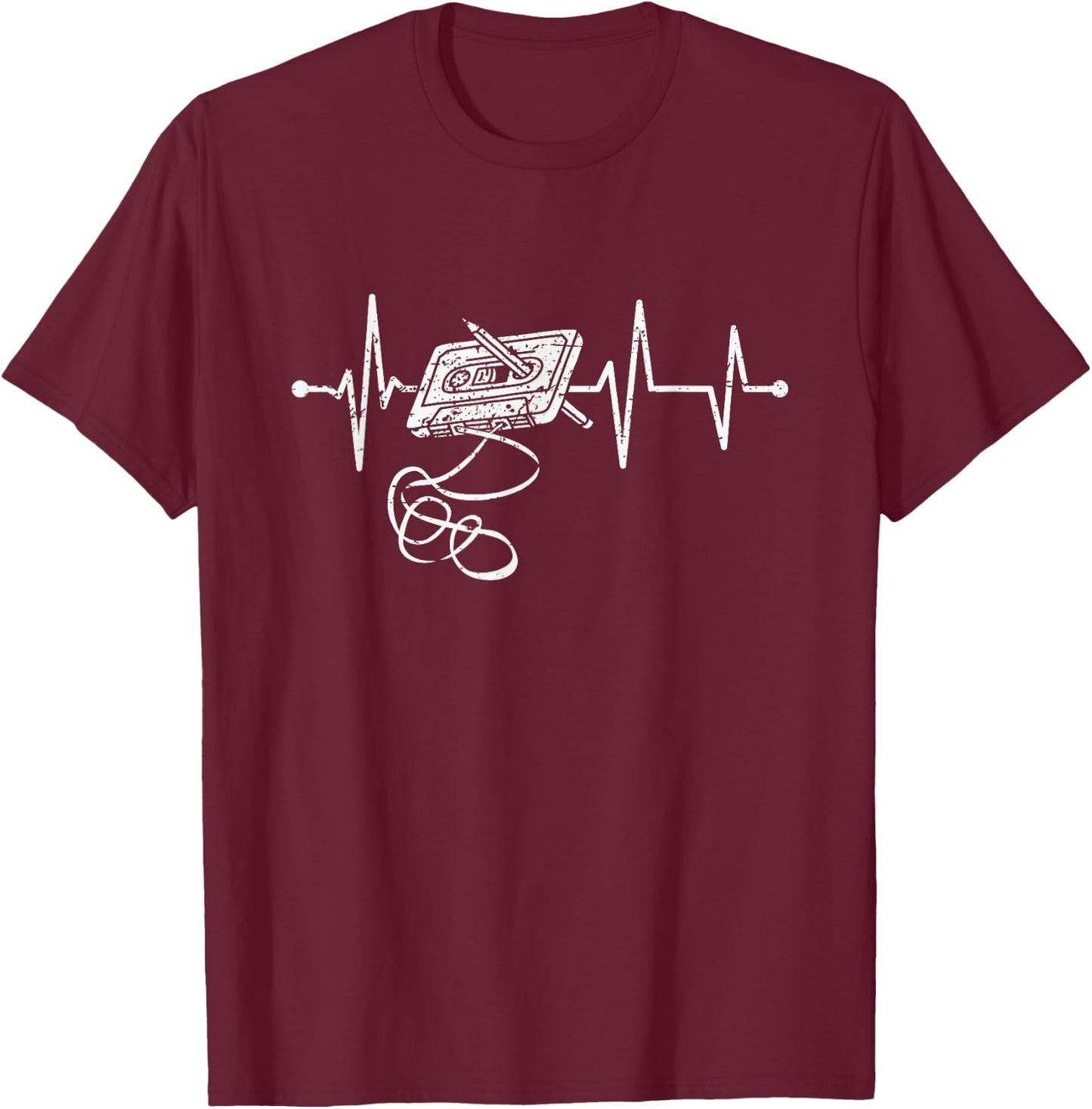 Retro Music Cassette Heartbeat Vintage Mixtape , black T-Shirt - T-Shirt | Maroon