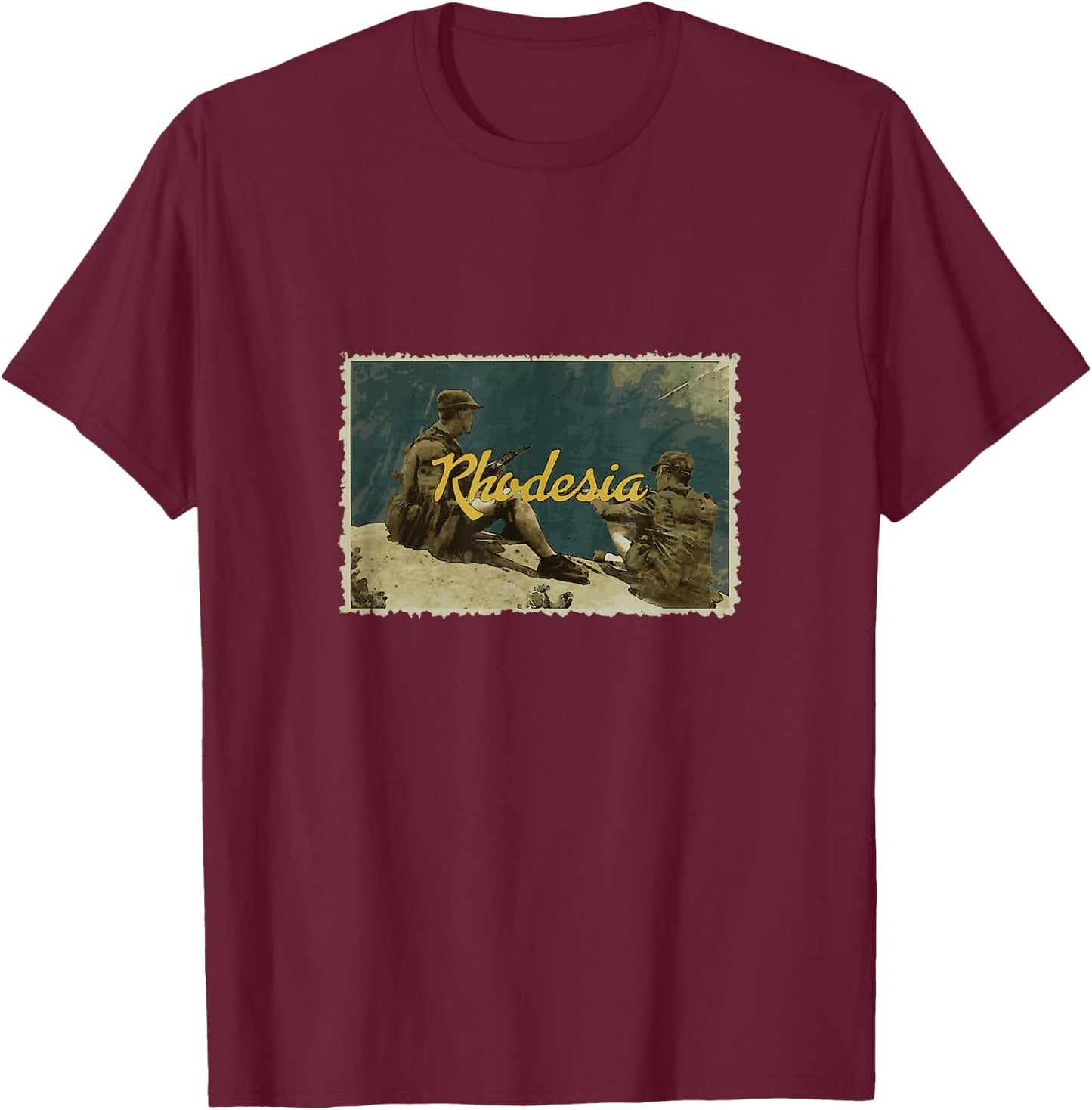Rhodesian Vintage Postcard Soldiers Bush War , grey, S T-Shirt - T-Shirt | Maroon