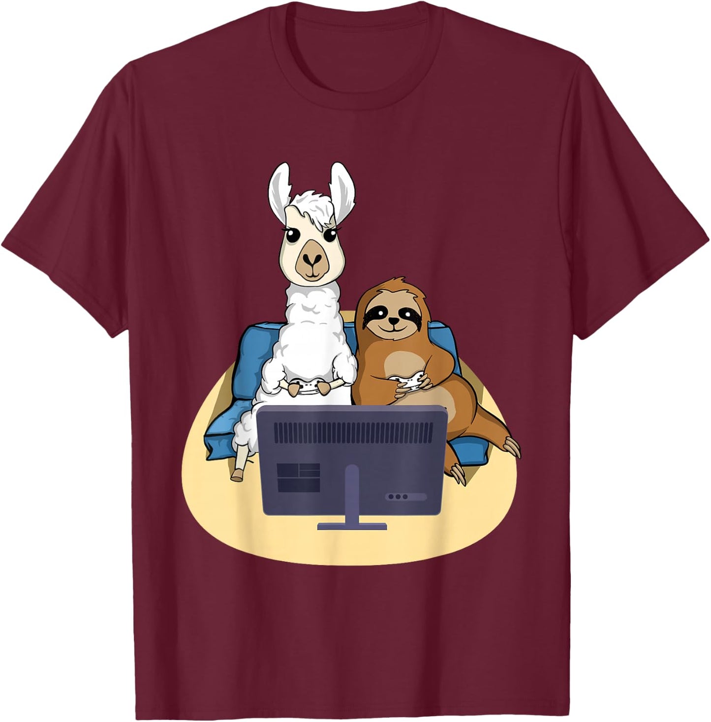 Sloth And Llama Gamer - Zookeeper Zoo Animal Lovers T-Shirt - T-Shirt | Maroon