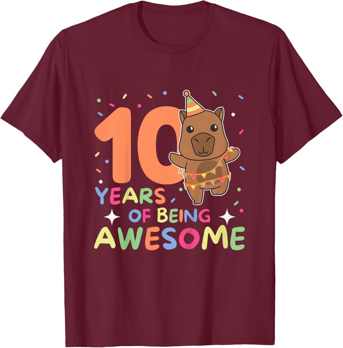 Kids 10th Birthday Capybara Kids Ten Years Old , black T-Shirt - T-Shirt | Maroon
