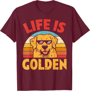 Thug Glasses Life Is Golden Retriever Dog Lover Owner Gift T-Shirt - T-Shirt | Maroon