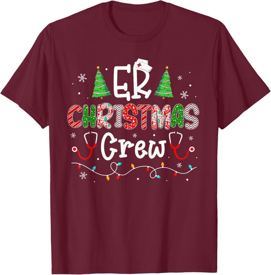 ER Nurse Christmas Apparel -Adults Christmas Cartoon Women's Black Crew Collar Modern Classic Small T-Shirt - T-Shirt | Maroon