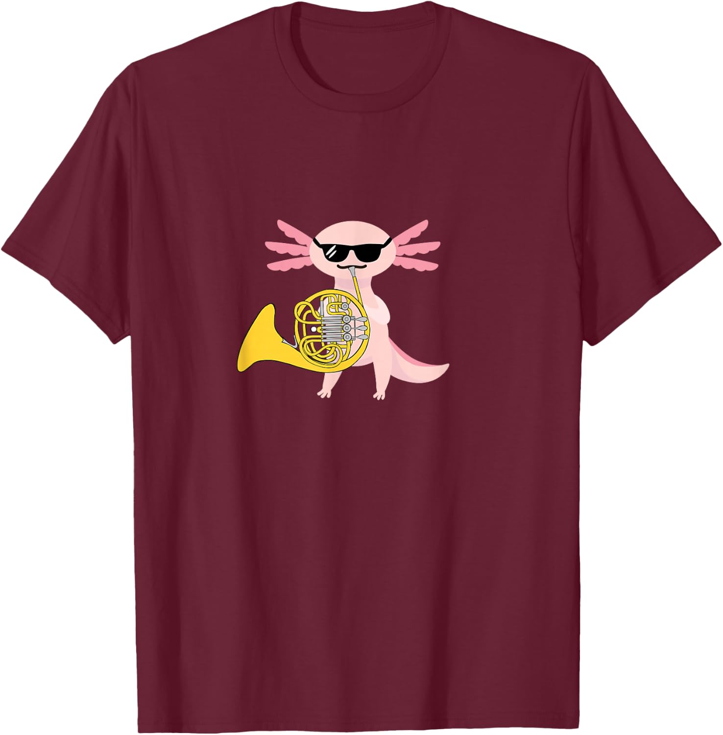 Funny Axolotl Wearing Sunglasses Playing French Horn T-Shirt - T-Shirt | Maroon