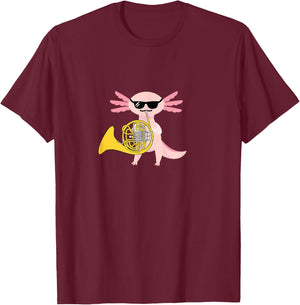 Funny Axolotl Wearing Sunglasses Playing French Horn T-Shirt - T-Shirt | Maroon