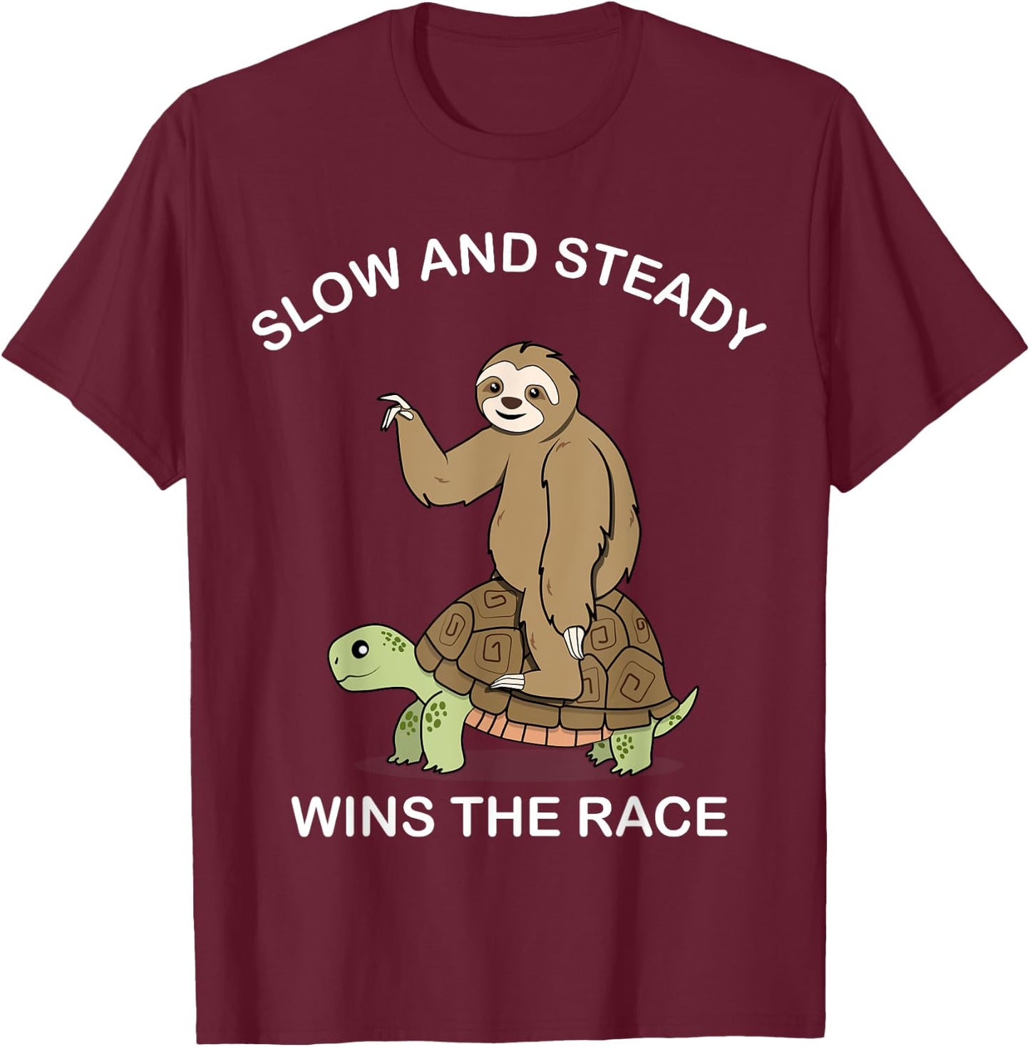 Sloth riding Turtle - slow and steady wins the race - Funny T-Shirt - T-Shirt | Maroon