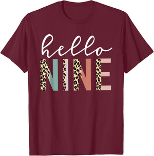 Hello Nine 9-Year-Old 9th Birthday Girl Leopard Print T-Shirt - T-Shirt | Maroon