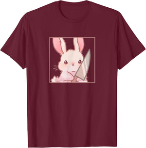 Cute Kawaii Cartoon Coquette Emote Angry Rabbit Bunny Knife , black T-Shirt - T-Shirt | Maroon