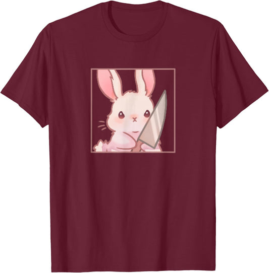 Cute Kawaii Cartoon Coquette Emote Angry Rabbit Bunny Knife , black T-Shirt - T-Shirt | Maroon