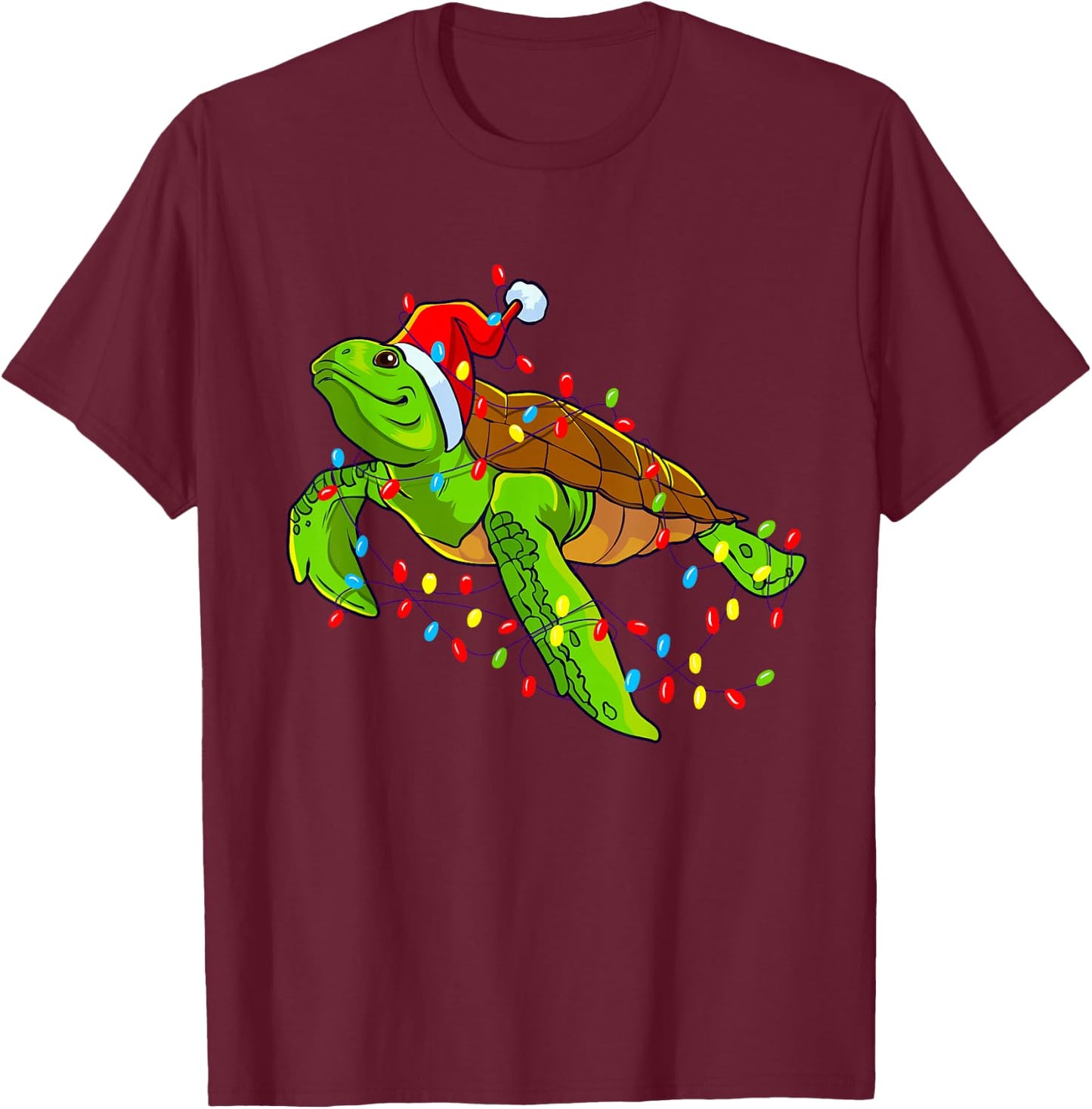 Sea Turtle Christmas Lights Funny Santa Hat Merry Christmas T-Shirt - T-Shirt | Maroon