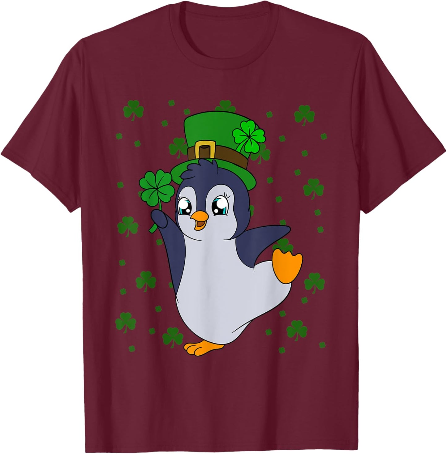 Cute Penguin Shamrocks Saint Patrick's Day Penguin T-Shirt - T-Shirt | Maroon