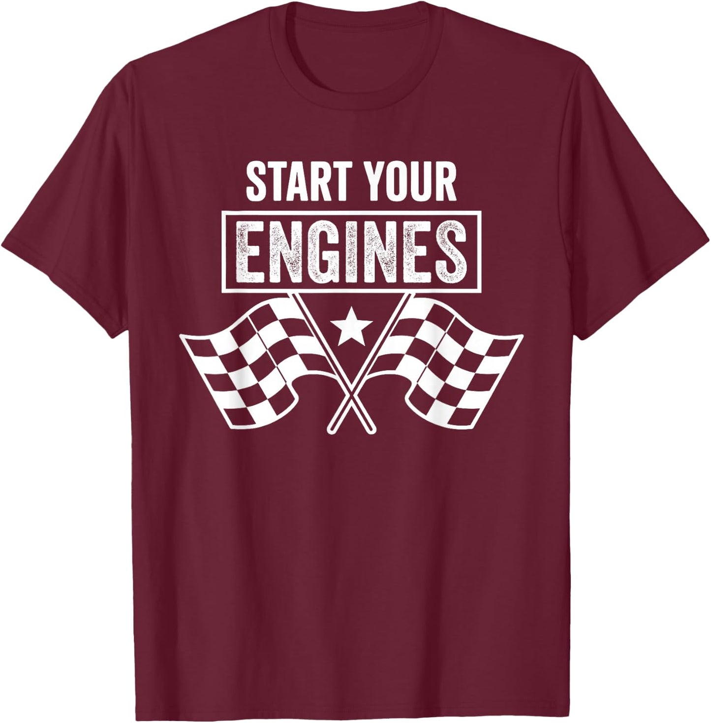 Start Your Engines Vintage Checkered Flag Race Car T-Shirt - T-Shirt | Maroon