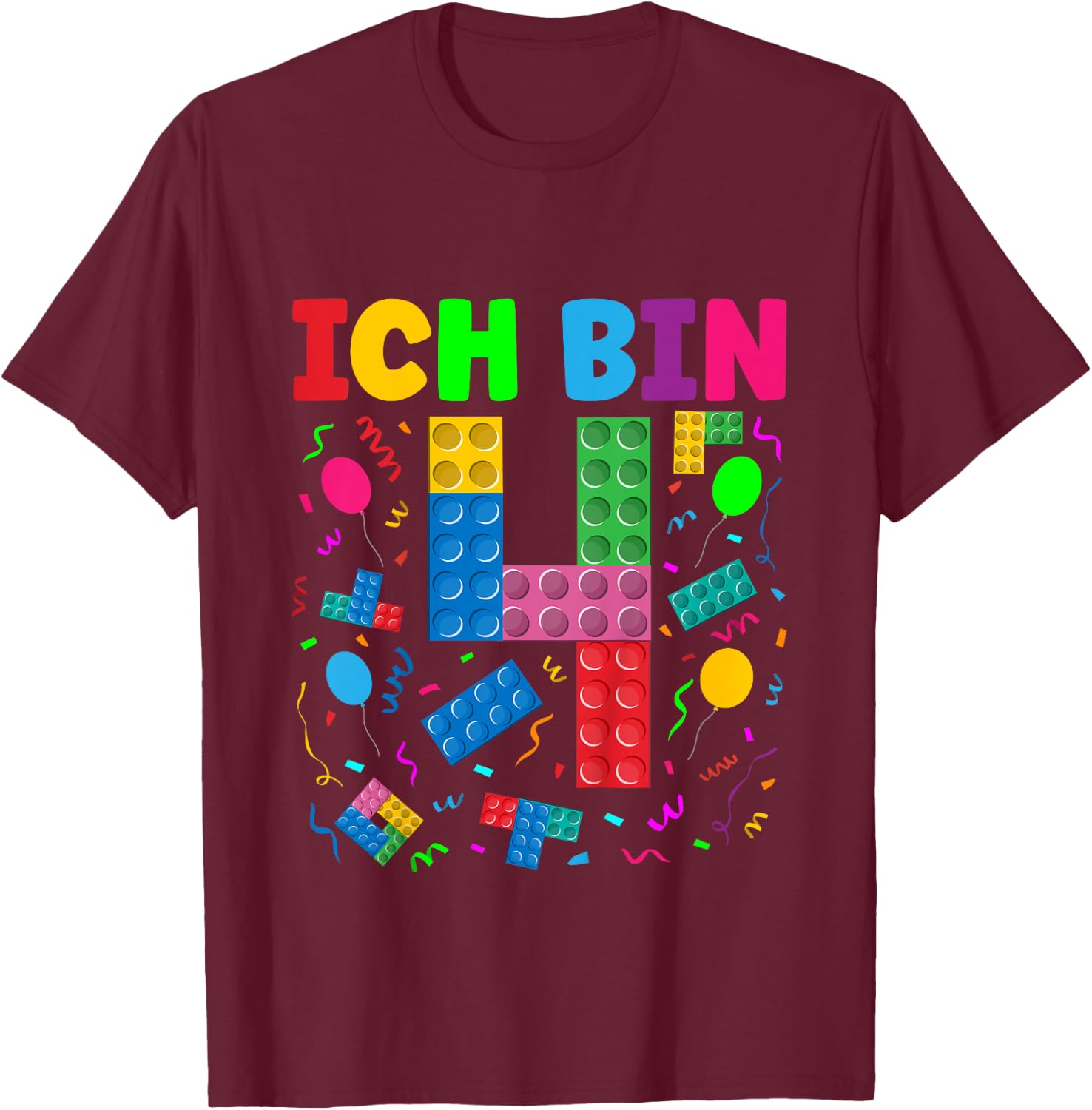 Children's with German Text "Ich bin 4 Building Blocks" 4th Birthday Boy Building Blocks, black T-Shirt - T-Shirt | Maroon
