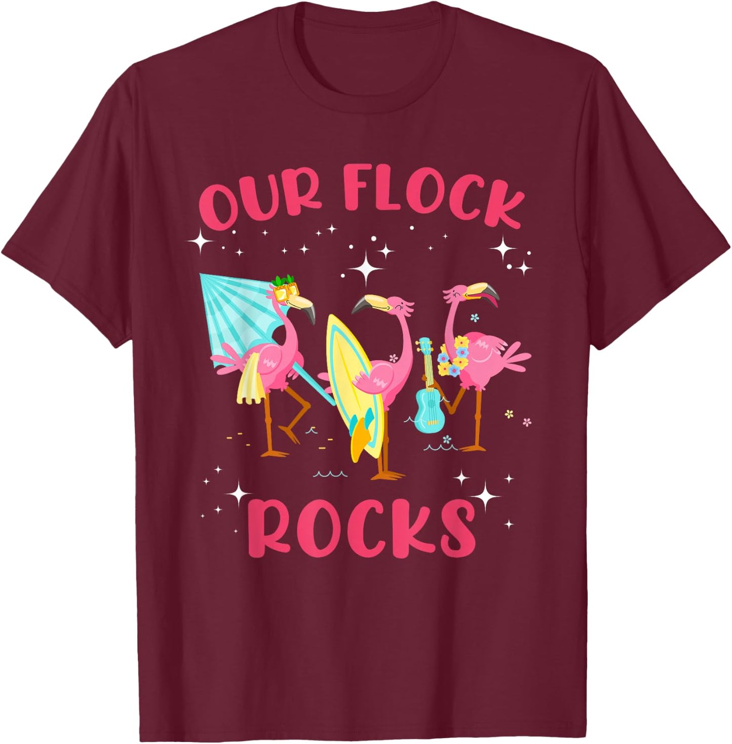 Our Flock Rocks Flamingo Matching Family Vacation Group T-Shirt - T-Shirt | Maroon