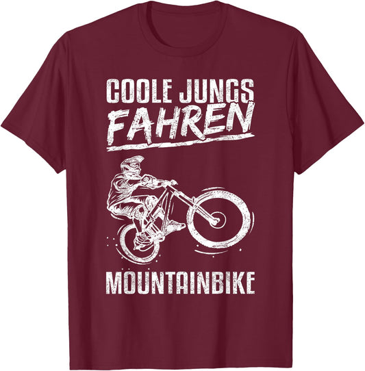 Cool Boys Riding Mountain Bike MTB Bicycle Kids Boys , black T-Shirt - T-Shirt | Maroon
