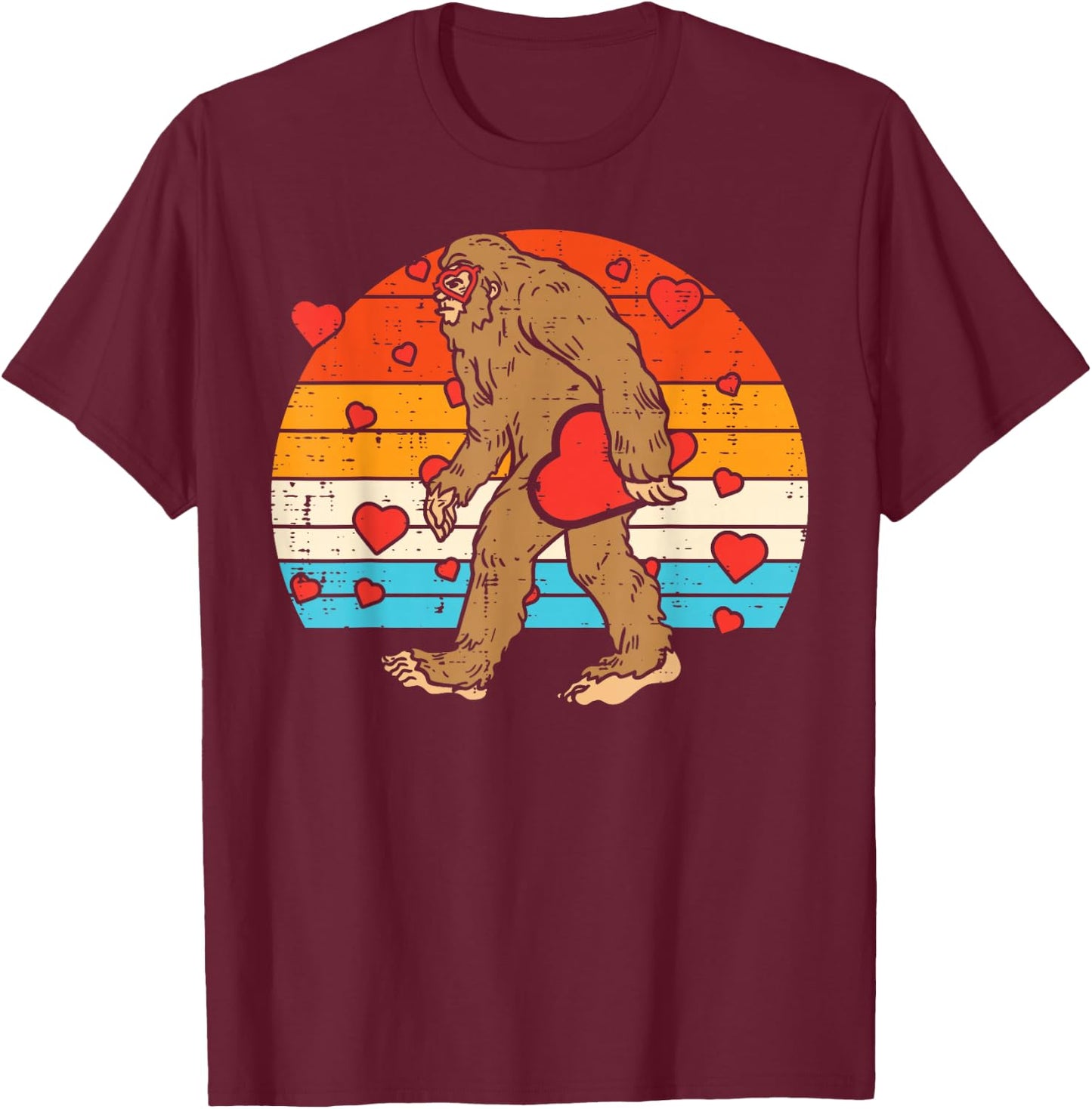 Bigfoot Sasquatch Retro Heart Funny Valentines Day Men Women T-Shirt - T-Shirt | Maroon