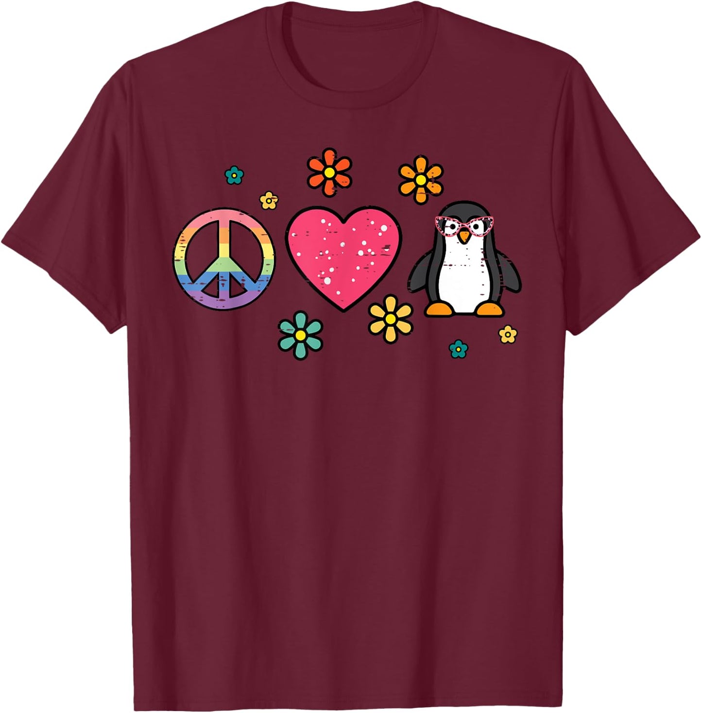 Peace Love Penguin Retro Groovy Hippie Women Girls Kids Men T-Shirt - T-Shirt | Maroon