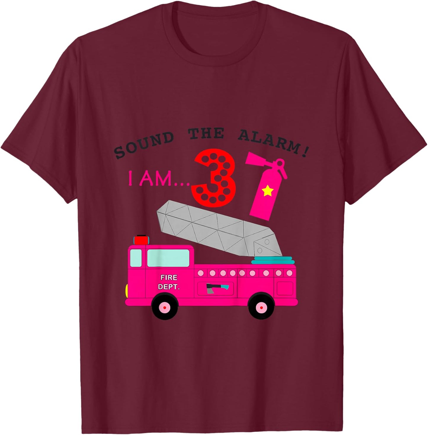 Birthday Girls 3 Pink Fire Truck Three Year Old Third Party T-Shirt - T-Shirt | Maroon