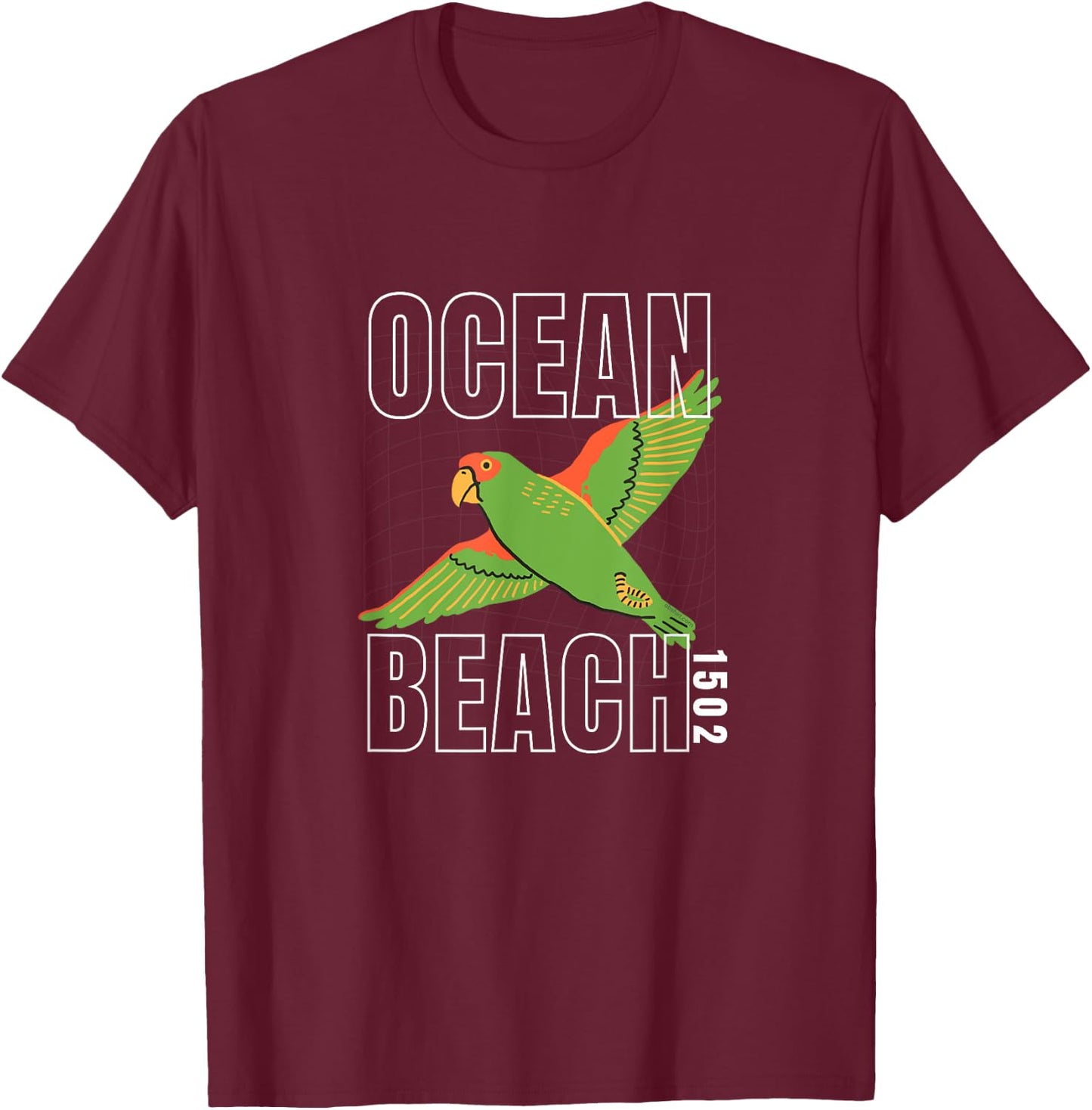 Ocean Beach , San Diego, California OB Parrot 1502 T-Shirt - T-Shirt | Maroon