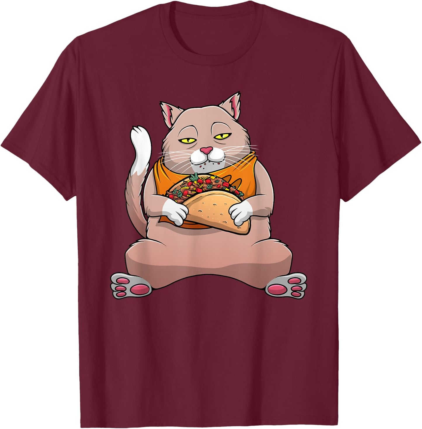 Funny Cat Eating Taco Design Men Women Cinco De Mayo Foodie T-Shirt - T-Shirt | Maroon