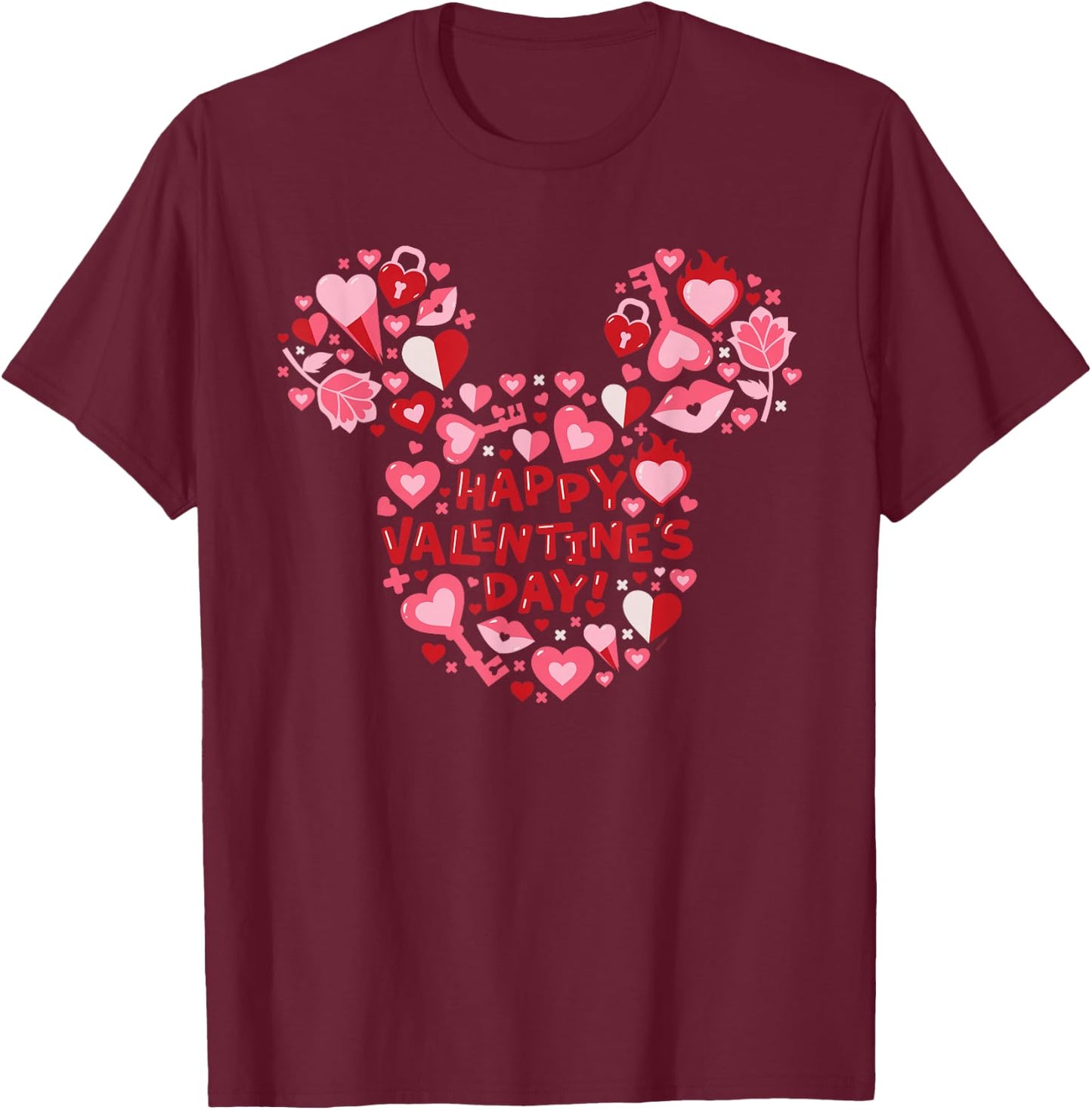 Disney Mickey Mouse Head Icon Hearts Happy Valentine's Day! T-Shirt - T-Shirt | Maroon
