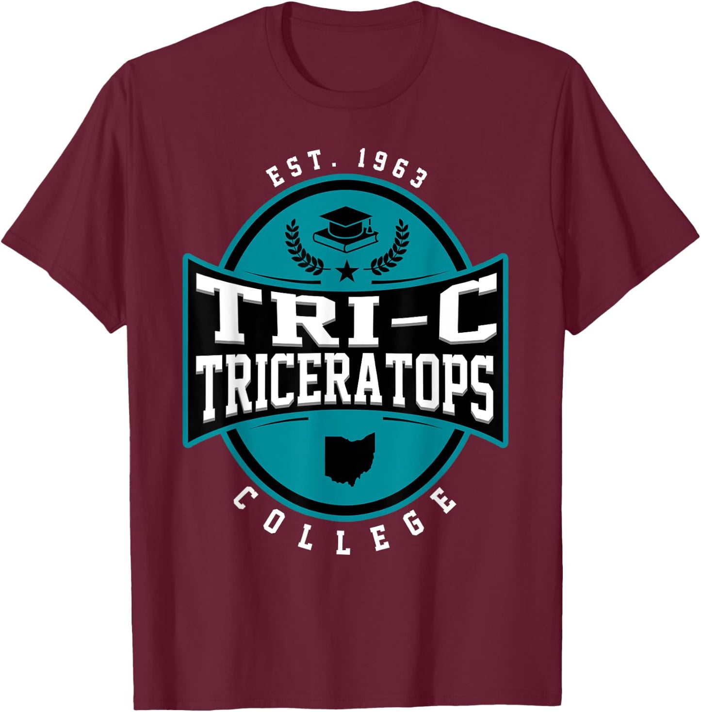Tri-C Triceratops Cuyahoga Community College Arch Design T-Shirt - T-Shirt | Maroon