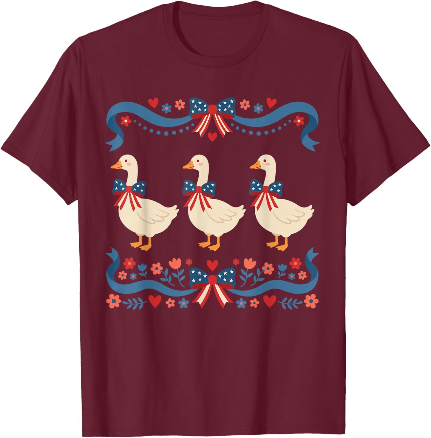 Patriotic Goose 4th of July Cute USA Vintage Coquette Bow T-Shirt - T-Shirt | Maroon