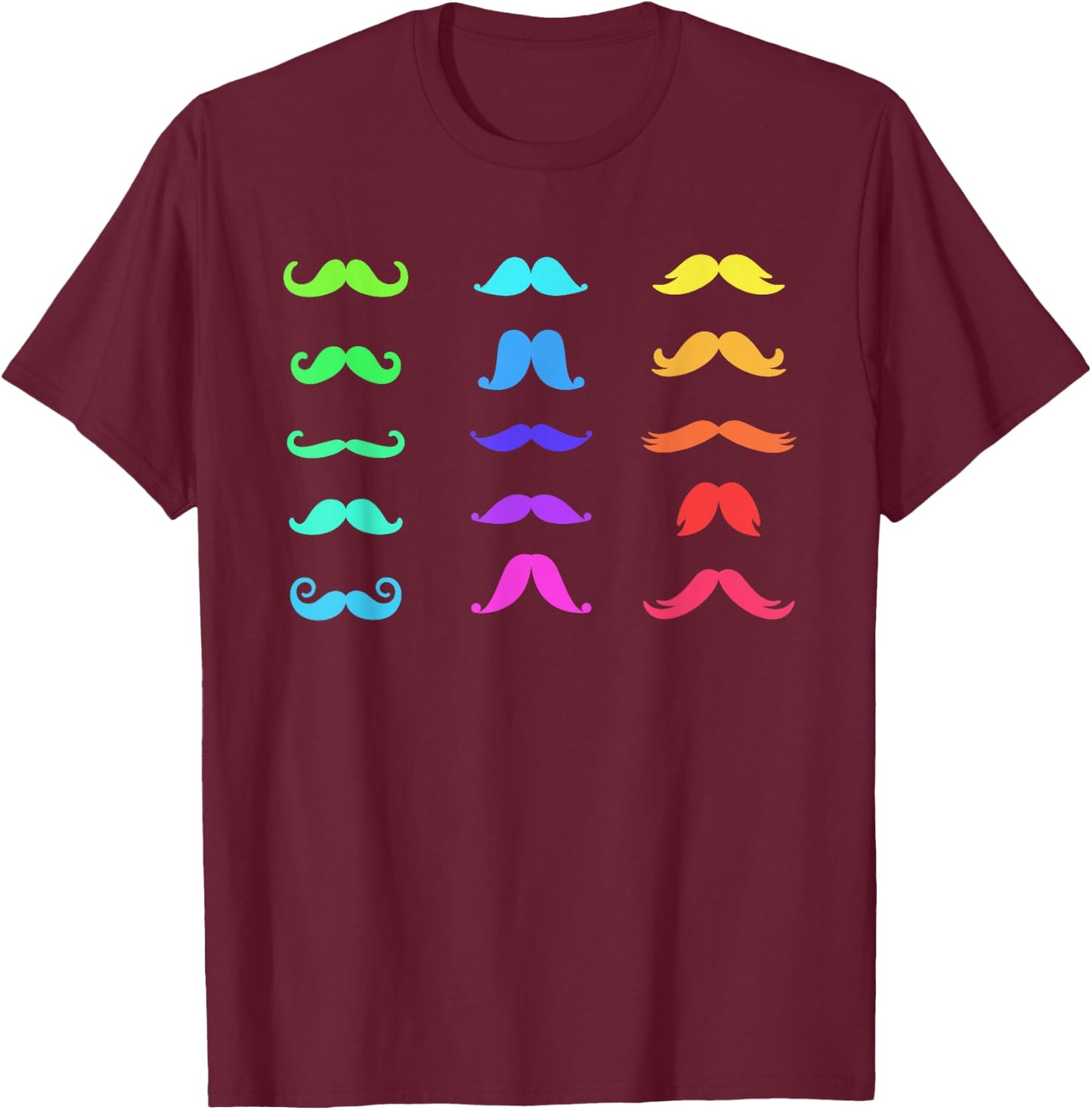 Colorful Mustaches Rainbow Fun Graphic Design T-Shirt - T-Shirt | Maroon